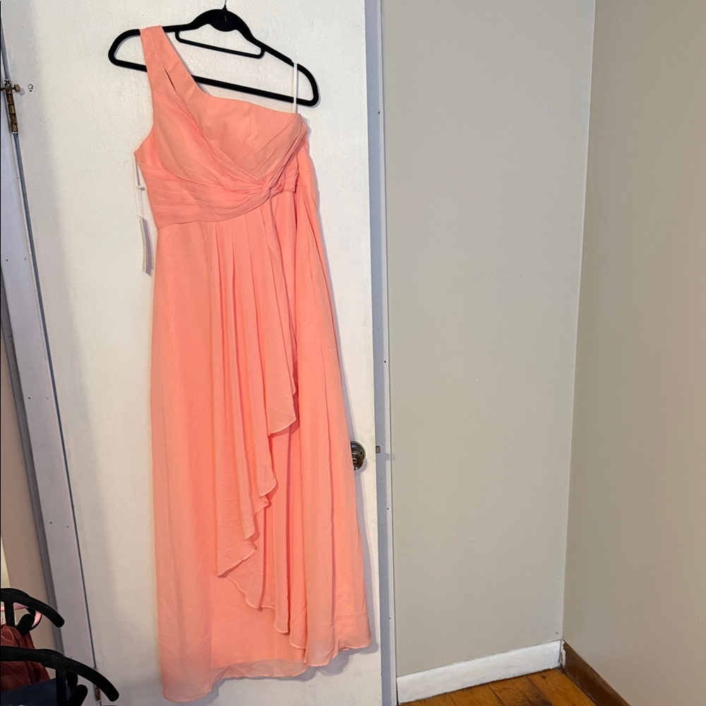 Elegant One-Shoulder Coral Chiffon Dress. NWT
